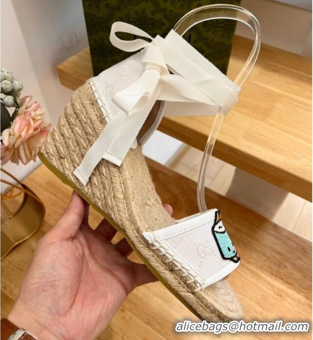 Top Grade Gucci GG Canvas Wedge Sandals 9cm with Dog Embroidery White 403118