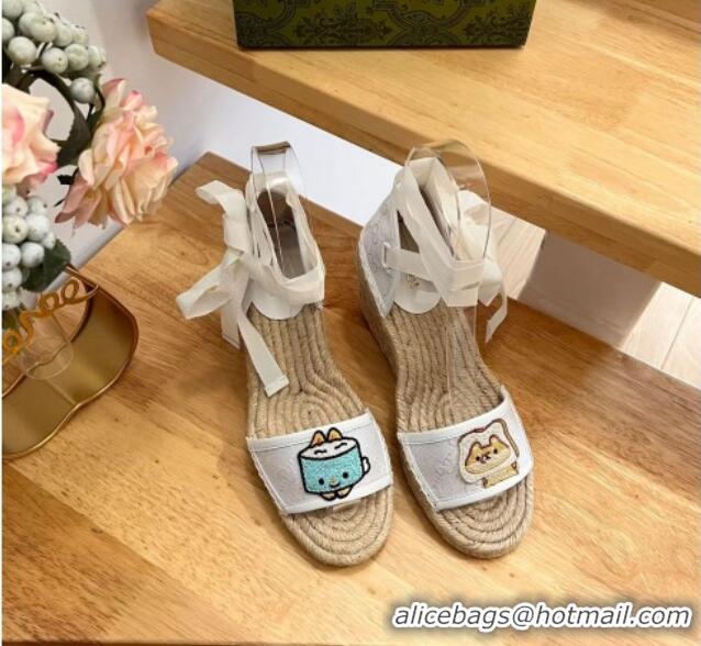 Top Grade Gucci GG Canvas Wedge Sandals 9cm with Dog Embroidery White 403118