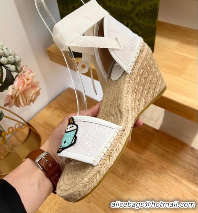 Top Grade Gucci GG Canvas Wedge Sandals 9cm with Dog Embroidery White 403118