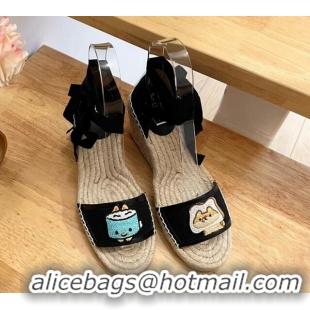 Luxury Gucci GG Canvas Wedge Sandals 9cm with Dog Embroidery Black 403119