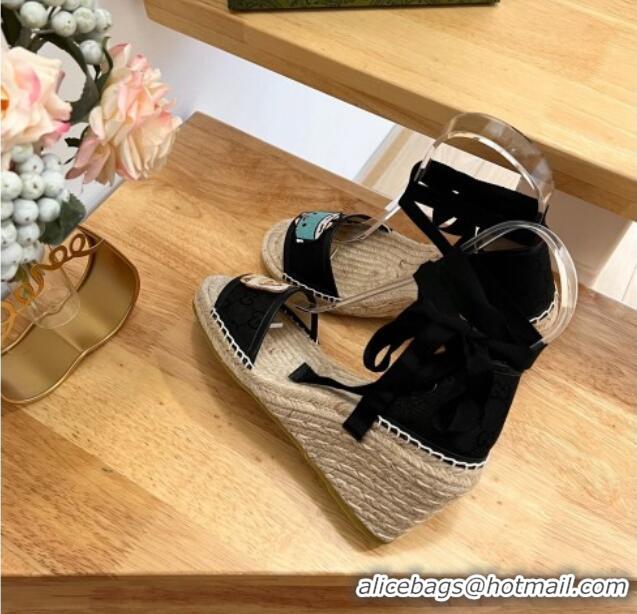 Luxury Gucci GG Canvas Wedge Sandals 9cm with Dog Embroidery Black 403119