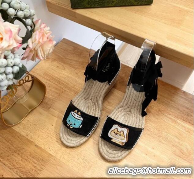 Luxury Gucci GG Canvas Wedge Sandals 9cm with Dog Embroidery Black 403119