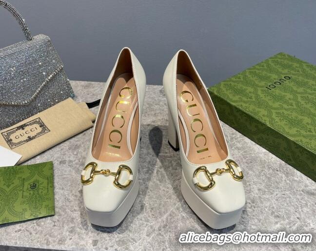 Good Quality Gucci Leather High Heel Platform Pumps with Horsebit 12cm White 404001