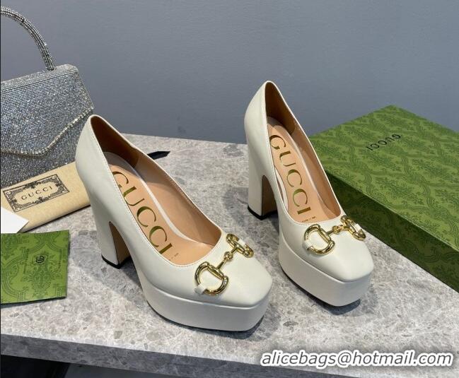 Good Quality Gucci Leather High Heel Platform Pumps with Horsebit 12cm White 404001