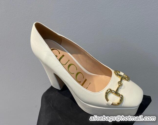 Good Quality Gucci Leather High Heel Platform Pumps with Horsebit 12cm White 404001