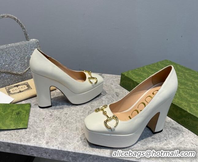 Good Quality Gucci Leather High Heel Platform Pumps with Horsebit 12cm White 404001