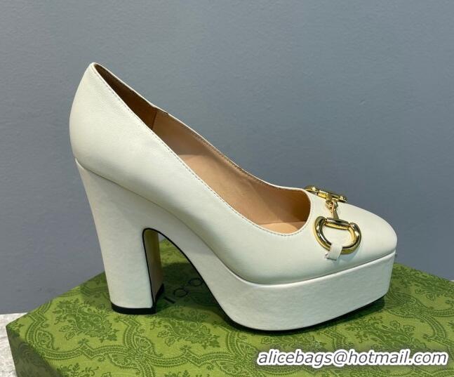 Good Quality Gucci Leather High Heel Platform Pumps with Horsebit 12cm White 404001