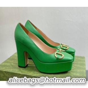 Grade Qualit Gucci Leather High Heel Platform Pumps with Horsebit 12cm Green 404002