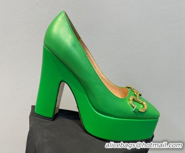 Grade Qualit Gucci Leather High Heel Platform Pumps with Horsebit 12cm Green 404002