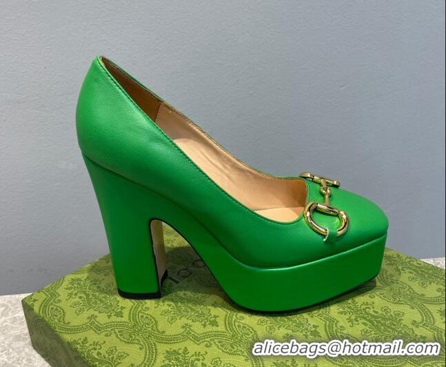 Grade Qualit Gucci Leather High Heel Platform Pumps with Horsebit 12cm Green 404002