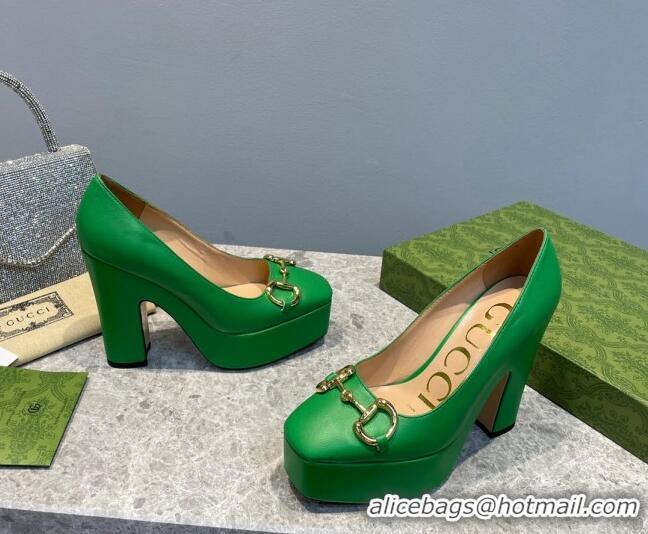 Grade Qualit Gucci Leather High Heel Platform Pumps with Horsebit 12cm Green 404002