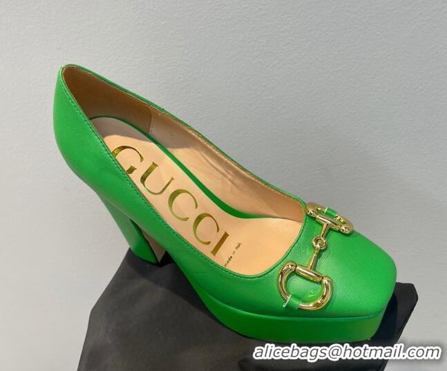 Grade Qualit Gucci Leather High Heel Platform Pumps with Horsebit 12cm Green 404002