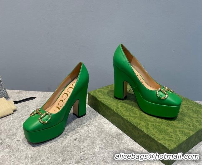 Grade Qualit Gucci Leather High Heel Platform Pumps with Horsebit 12cm Green 404002