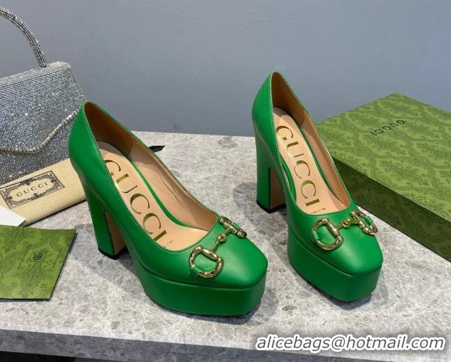 Grade Qualit Gucci Leather High Heel Platform Pumps with Horsebit 12cm Green 404002