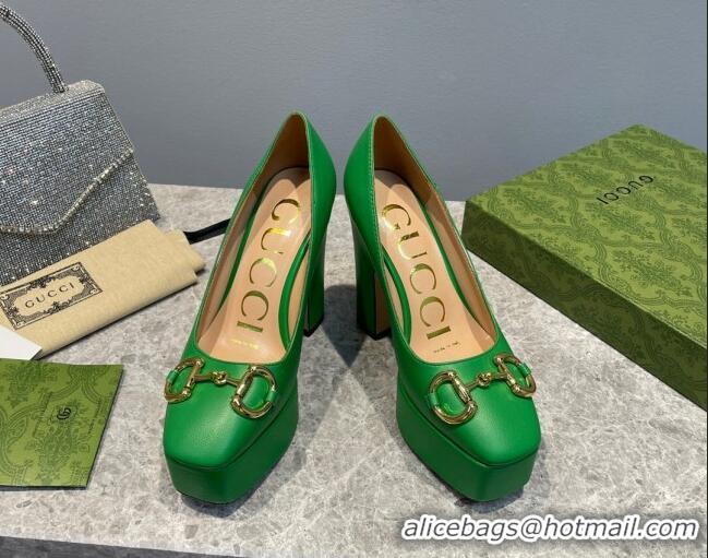 Grade Qualit Gucci Leather High Heel Platform Pumps with Horsebit 12cm Green 404002