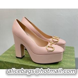 Good Quality Gucci Leather High Heel Platform Pumps with Horsebit 12cm Nude Pink 0404003