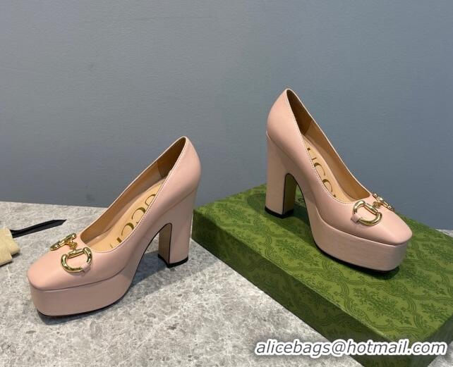 Good Quality Gucci Leather High Heel Platform Pumps with Horsebit 12cm Nude Pink 0404003