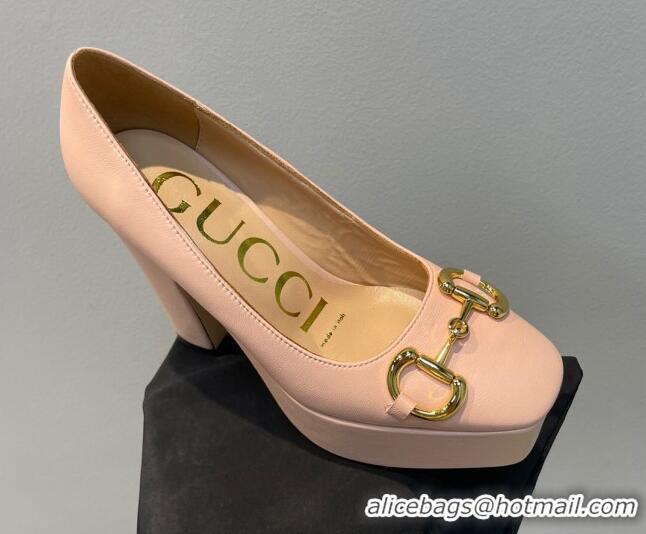 Good Quality Gucci Leather High Heel Platform Pumps with Horsebit 12cm Nude Pink 0404003