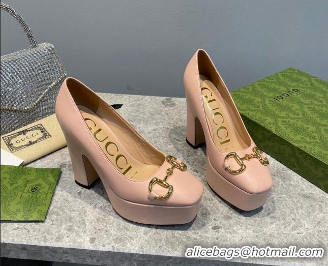 Good Quality Gucci Leather High Heel Platform Pumps with Horsebit 12cm Nude Pink 0404003