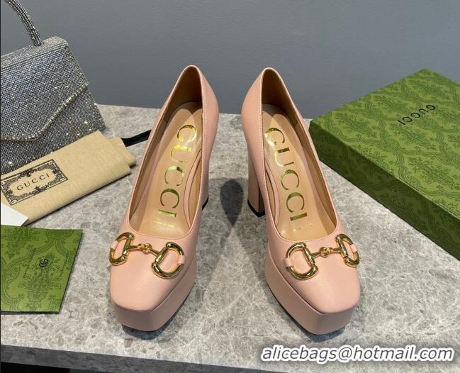 Good Quality Gucci Leather High Heel Platform Pumps with Horsebit 12cm Nude Pink 0404003