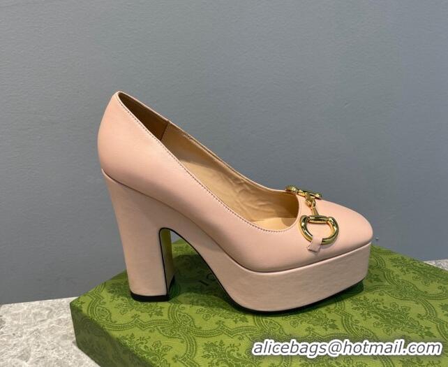 Good Quality Gucci Leather High Heel Platform Pumps with Horsebit 12cm Nude Pink 0404003