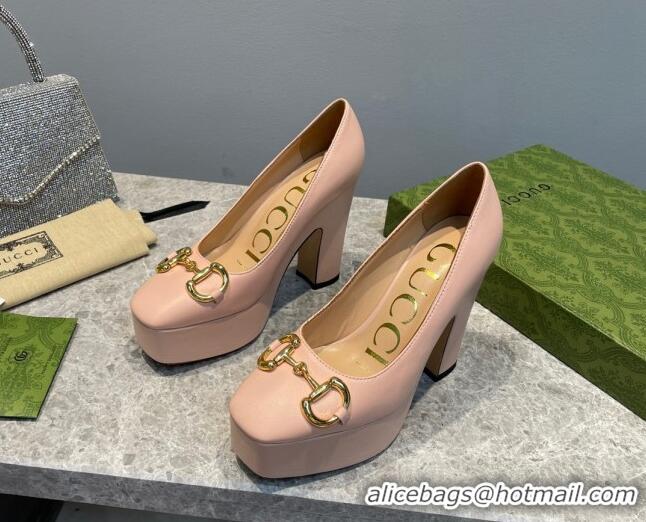 Good Quality Gucci Leather High Heel Platform Pumps with Horsebit 12cm Nude Pink 0404003