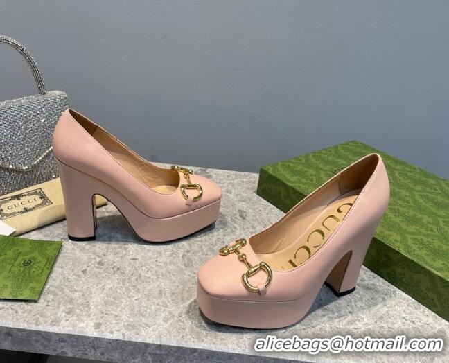 Good Quality Gucci Leather High Heel Platform Pumps with Horsebit 12cm Nude Pink 0404003