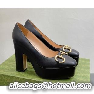 Grade Quality Gucci Leather High Heel Platform Pumps with Horsebit 12cm Black 404004