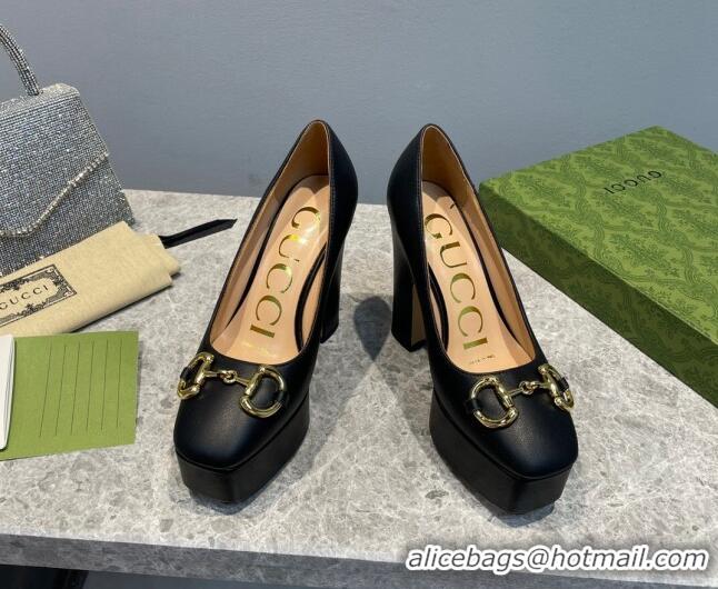 Grade Quality Gucci Leather High Heel Platform Pumps with Horsebit 12cm Black 404004