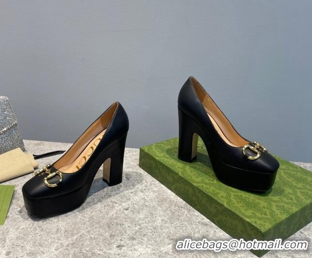 Grade Quality Gucci Leather High Heel Platform Pumps with Horsebit 12cm Black 404004