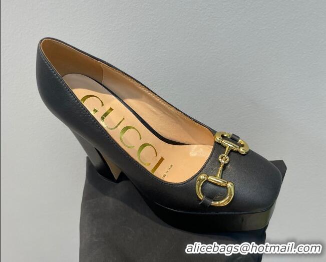 Grade Quality Gucci Leather High Heel Platform Pumps with Horsebit 12cm Black 404004