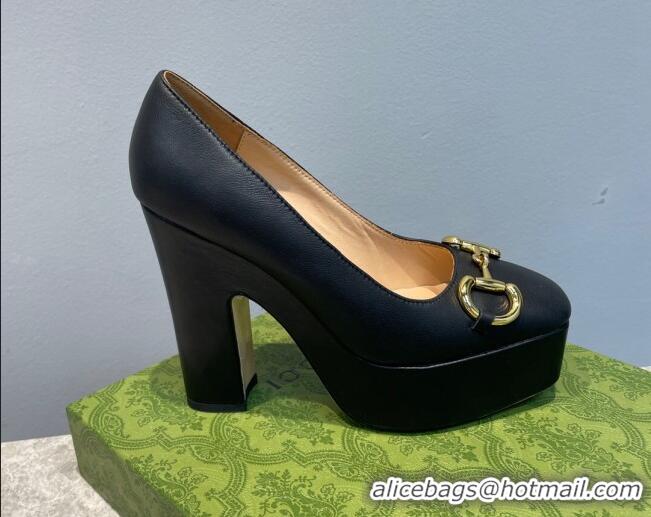 Grade Quality Gucci Leather High Heel Platform Pumps with Horsebit 12cm Black 404004