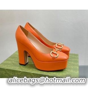 Popular Style Gucci Leather High Heel Platform Pumps with Horsebit 12cm Orange 404005