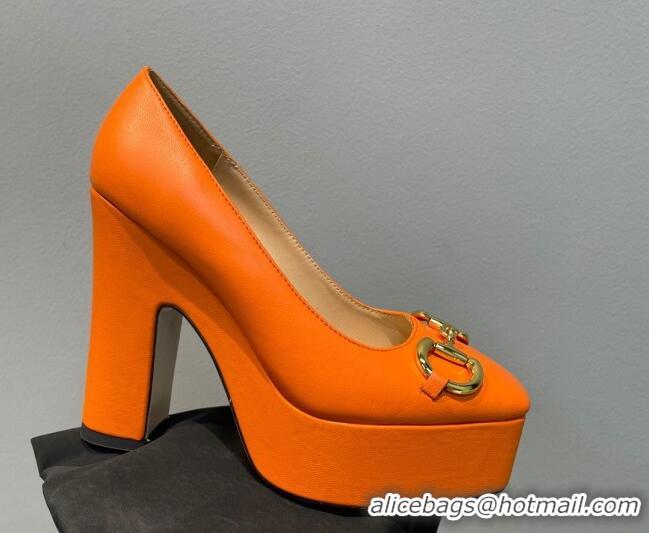 Popular Style Gucci Leather High Heel Platform Pumps with Horsebit 12cm Orange 404005