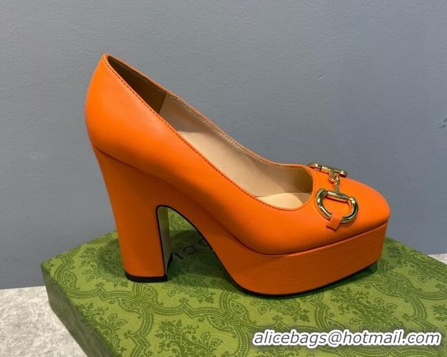 Popular Style Gucci Leather High Heel Platform Pumps with Horsebit 12cm Orange 404005