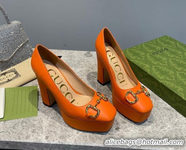 Popular Style Gucci Leather High Heel Platform Pumps with Horsebit 12cm Orange 404005