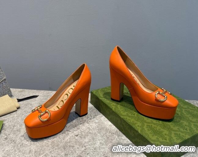 Popular Style Gucci Leather High Heel Platform Pumps with Horsebit 12cm Orange 404005