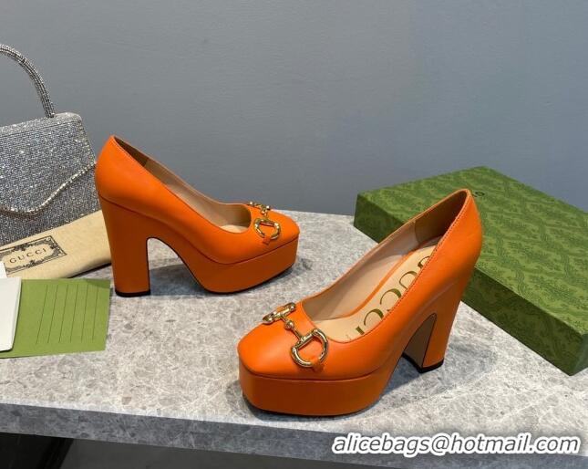 Popular Style Gucci Leather High Heel Platform Pumps with Horsebit 12cm Orange 404005