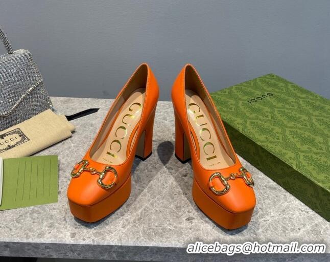 Popular Style Gucci Leather High Heel Platform Pumps with Horsebit 12cm Orange 404005