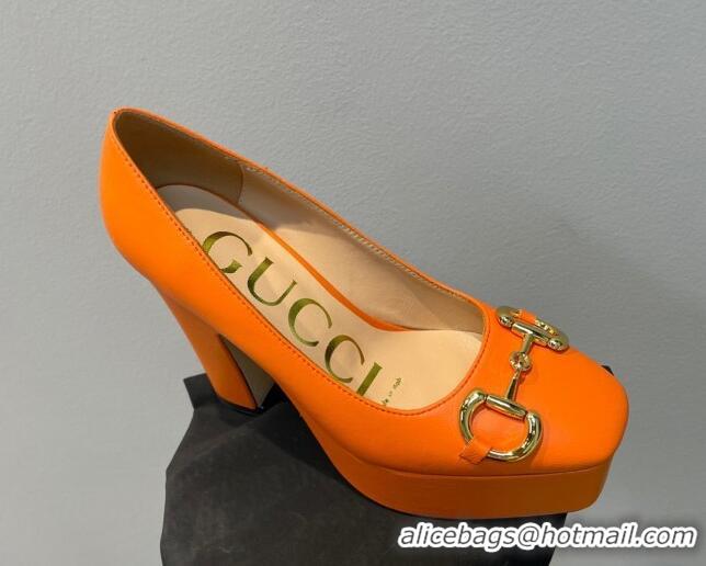 Popular Style Gucci Leather High Heel Platform Pumps with Horsebit 12cm Orange 404005