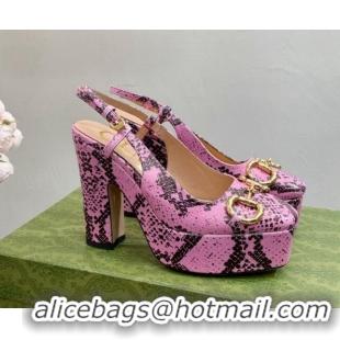 Luxurious Gucci High Heel Platform Slingback Pumps 12cm with Horsebit in Pink Snakeskin-Like Leather 404006