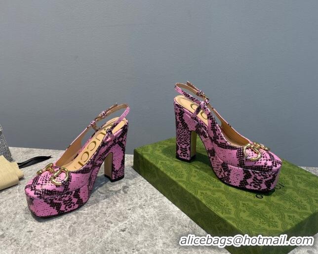 Luxurious Gucci High Heel Platform Slingback Pumps 12cm with Horsebit in Pink Snakeskin-Like Leather 404006