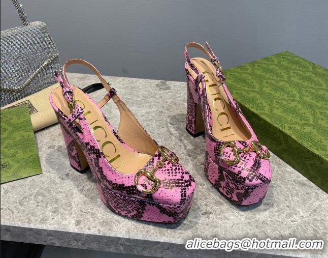 Luxurious Gucci High Heel Platform Slingback Pumps 12cm with Horsebit in Pink Snakeskin-Like Leather 404006