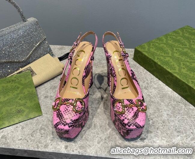 Luxurious Gucci High Heel Platform Slingback Pumps 12cm with Horsebit in Pink Snakeskin-Like Leather 404006