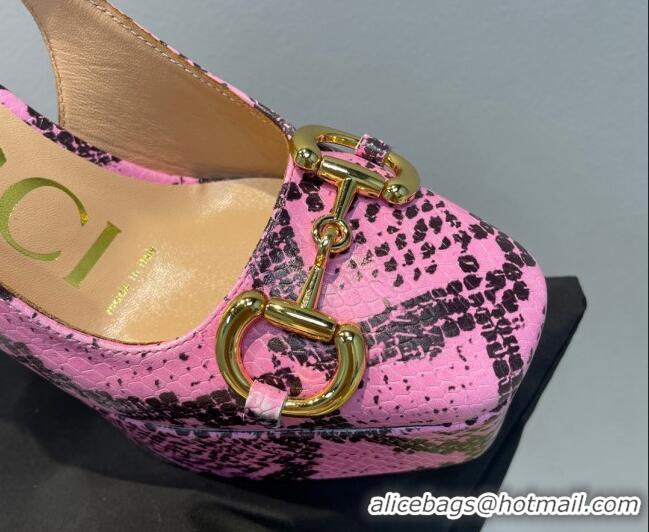 Luxurious Gucci High Heel Platform Slingback Pumps 12cm with Horsebit in Pink Snakeskin-Like Leather 404006