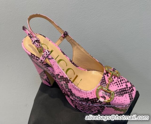 Luxurious Gucci High Heel Platform Slingback Pumps 12cm with Horsebit in Pink Snakeskin-Like Leather 404006