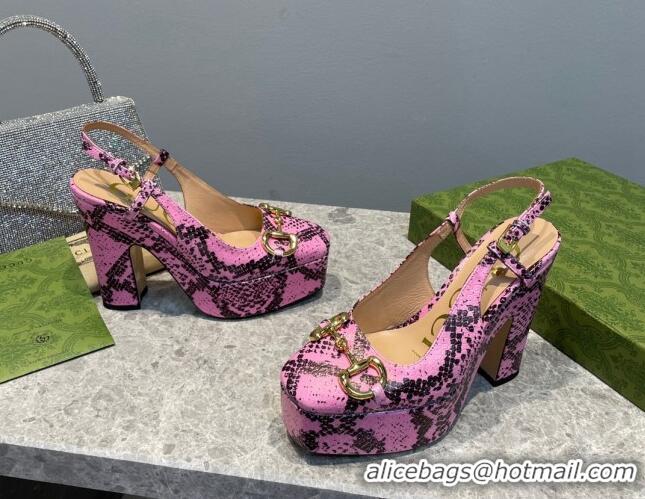 Luxurious Gucci High Heel Platform Slingback Pumps 12cm with Horsebit in Pink Snakeskin-Like Leather 404006