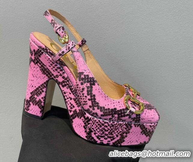 Luxurious Gucci High Heel Platform Slingback Pumps 12cm with Horsebit in Pink Snakeskin-Like Leather 404006