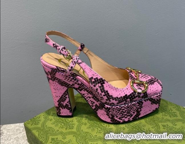 Luxurious Gucci High Heel Platform Slingback Pumps 12cm with Horsebit in Pink Snakeskin-Like Leather 404006