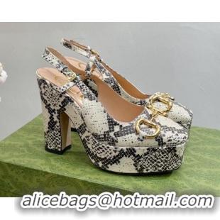 Low Price Gucci High Heel Platform Slingback Pumps 12cm with Horsebit in Snakeskin-Like Leather Grey/Beige 404007